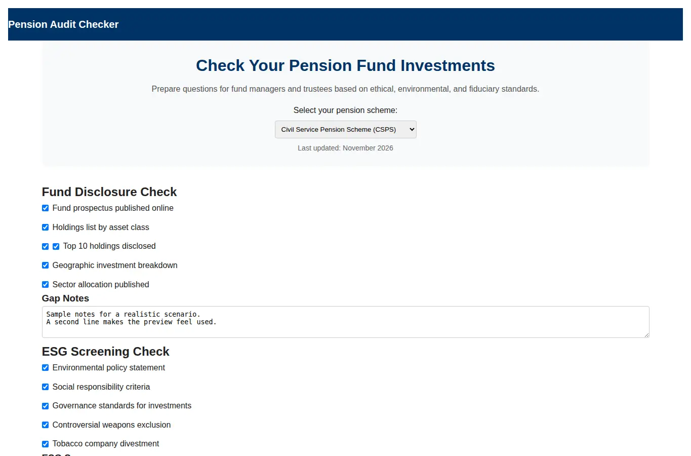 Screenshot of Pension Fund Investment Transparency Checker interface showing the project page in use